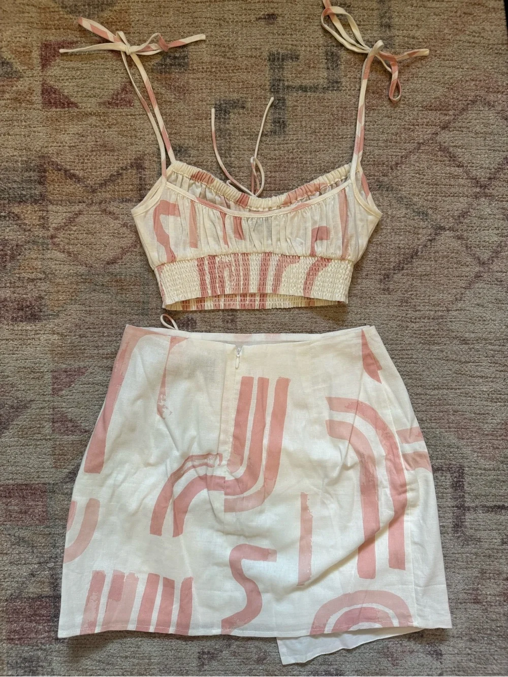 White & Blush Tie-Detail Linen-Blend Skirt Set